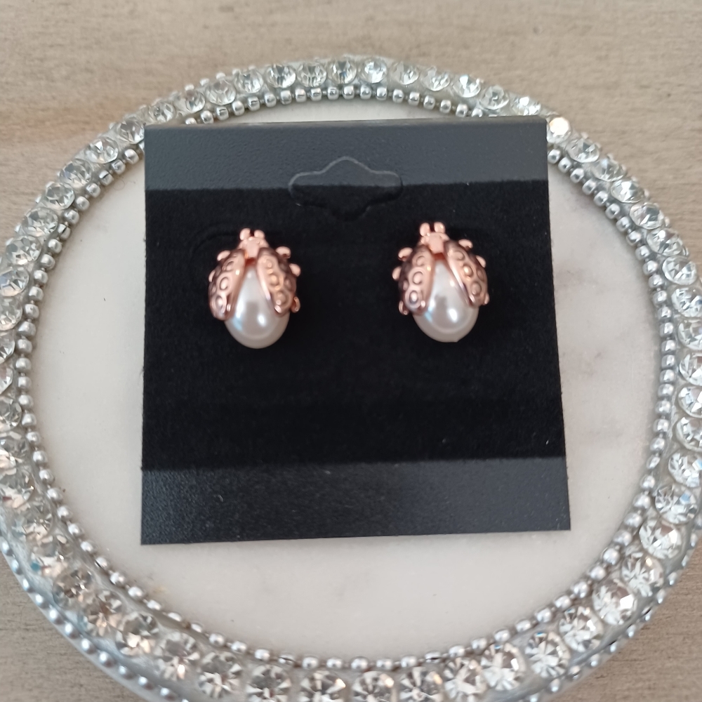 Rose Goldtone Pearl Good Luck Ladybug Stud Earrings - Picture 2 of 5